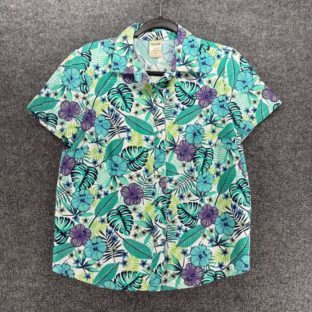 Blair Top Womens S Blue Floral Button Up Short Sleeve Coastal Resort Casual